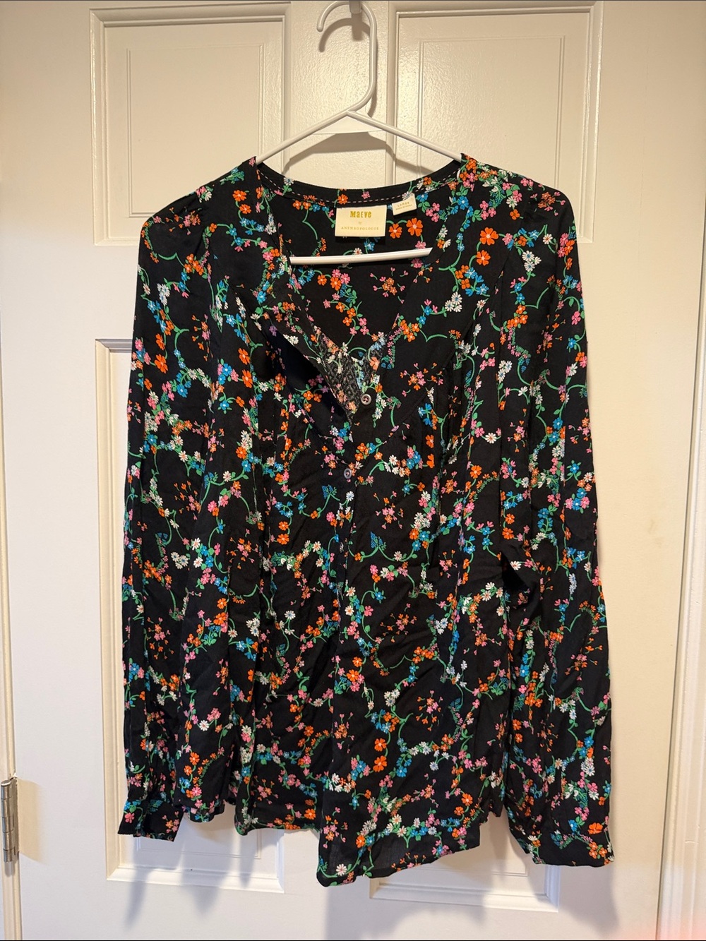 Maeve Black Floral Button-Front Long Sleeve Blouse